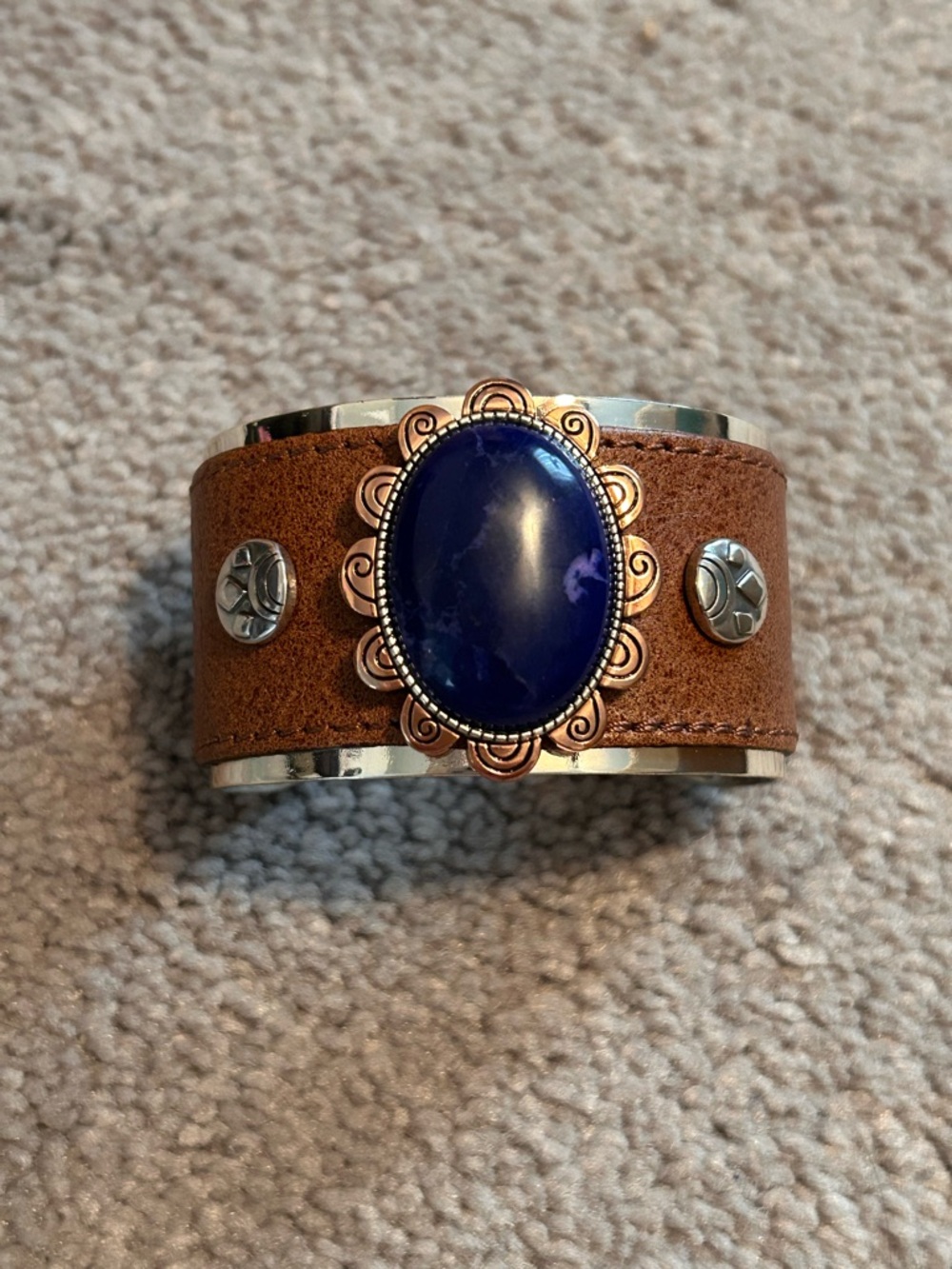 Rare Brighton Boho Flower Cuff Bracelet 💙 Leather, Copper, Blue Sodalite Stone - Picture 2 of 15